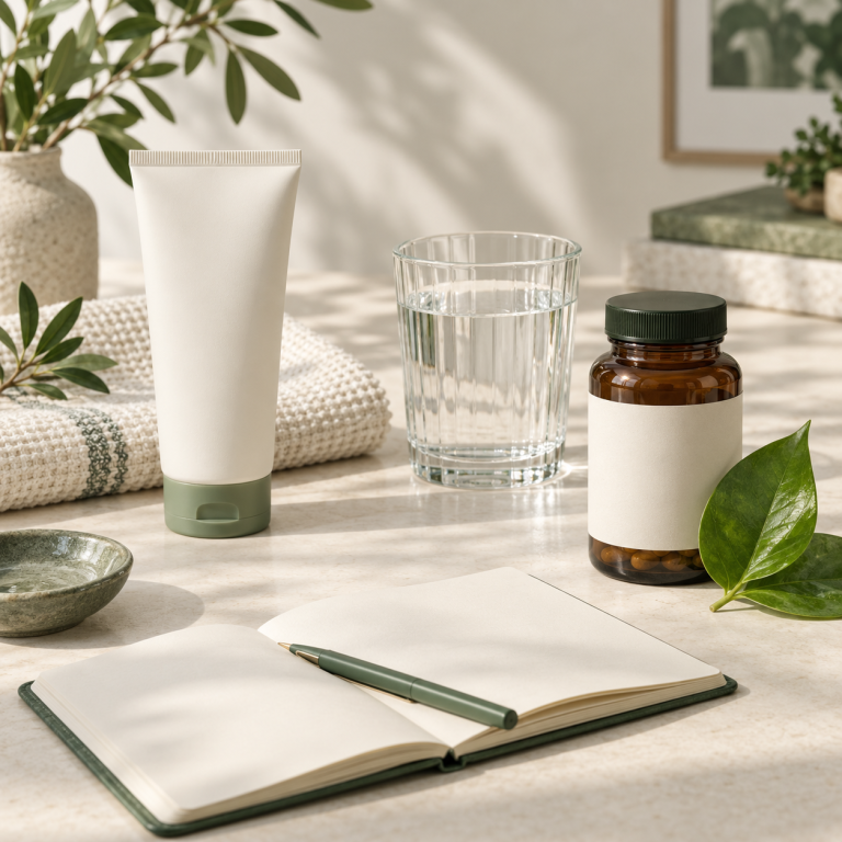 Productos de cuidado sin marca, un vaso de agua y un cuaderno junto a una hoja verde.